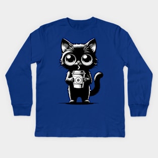 Cute Black Cat With Coffee Cup Chibi Kawaii Character Kids Long Sleeve T-Shirt